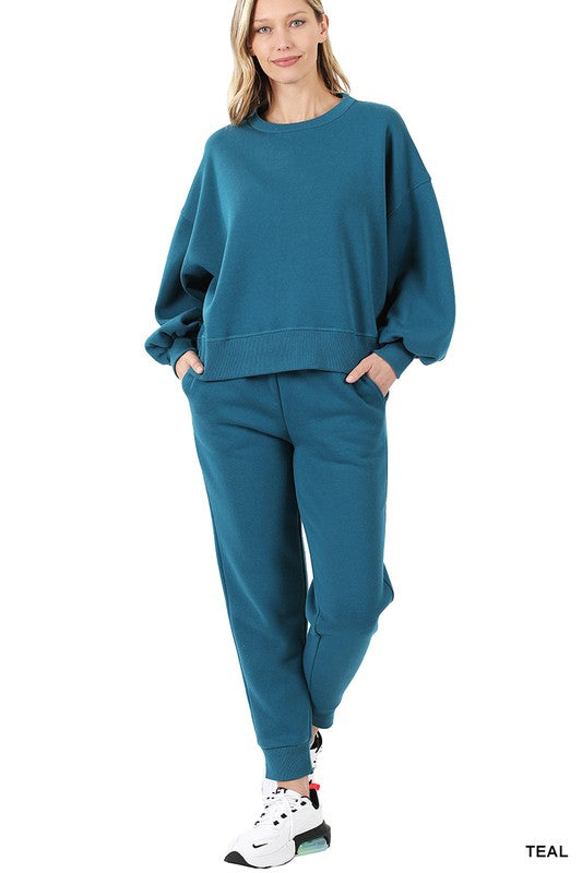 Zenana Balloon Sleeve Sweatshirt & Sweatpants Set TEAL ZENANA