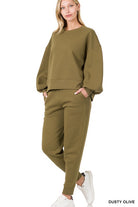 Zenana Balloon Sleeve Sweatshirt & Sweatpants Set DUSTY OLIVE ZENANA