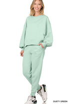 Zenana Balloon Sleeve Sweatshirt & Sweatpants Set DUSTY GREEN ZENANA