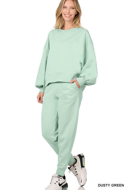 Zenana Balloon Sleeve Sweatshirt & Sweatpants Set DUSTY GREEN ZENANA