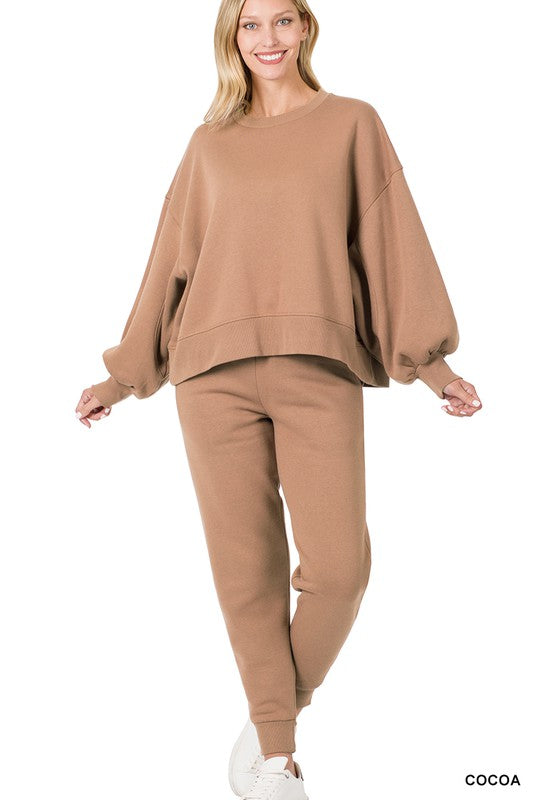 Zenana Balloon Sleeve Sweatshirt & Sweatpants Set COCOA ZENANA