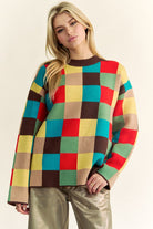 Davi & Dani Brown Multicolor Color Block Checkered Dropped Shoulder Sweater Brown Multicolor