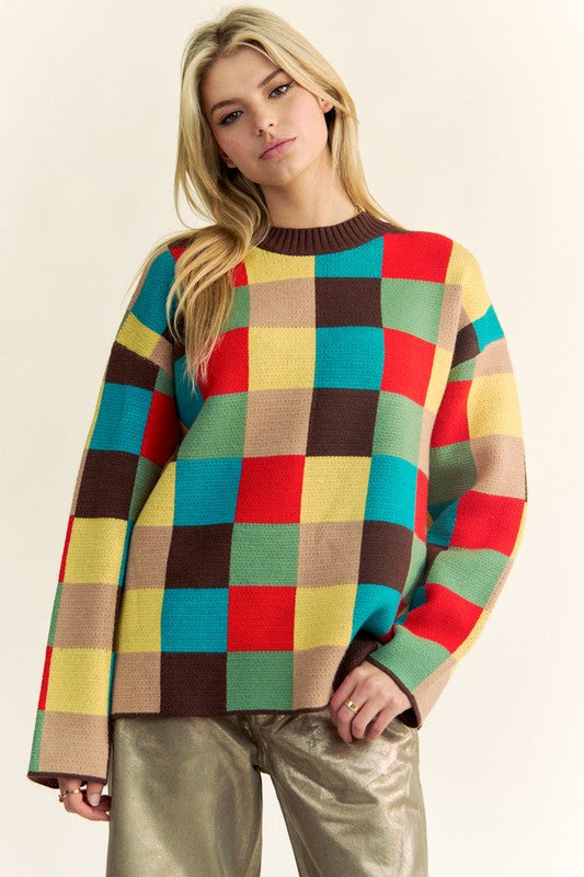 Davi & Dani Brown Multicolor Color Block Checkered Dropped Shoulder Sweater Brown Multicolor