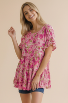 Haptics Fuchsia Frill Hem Babydoll Tiered Swing Floral Top