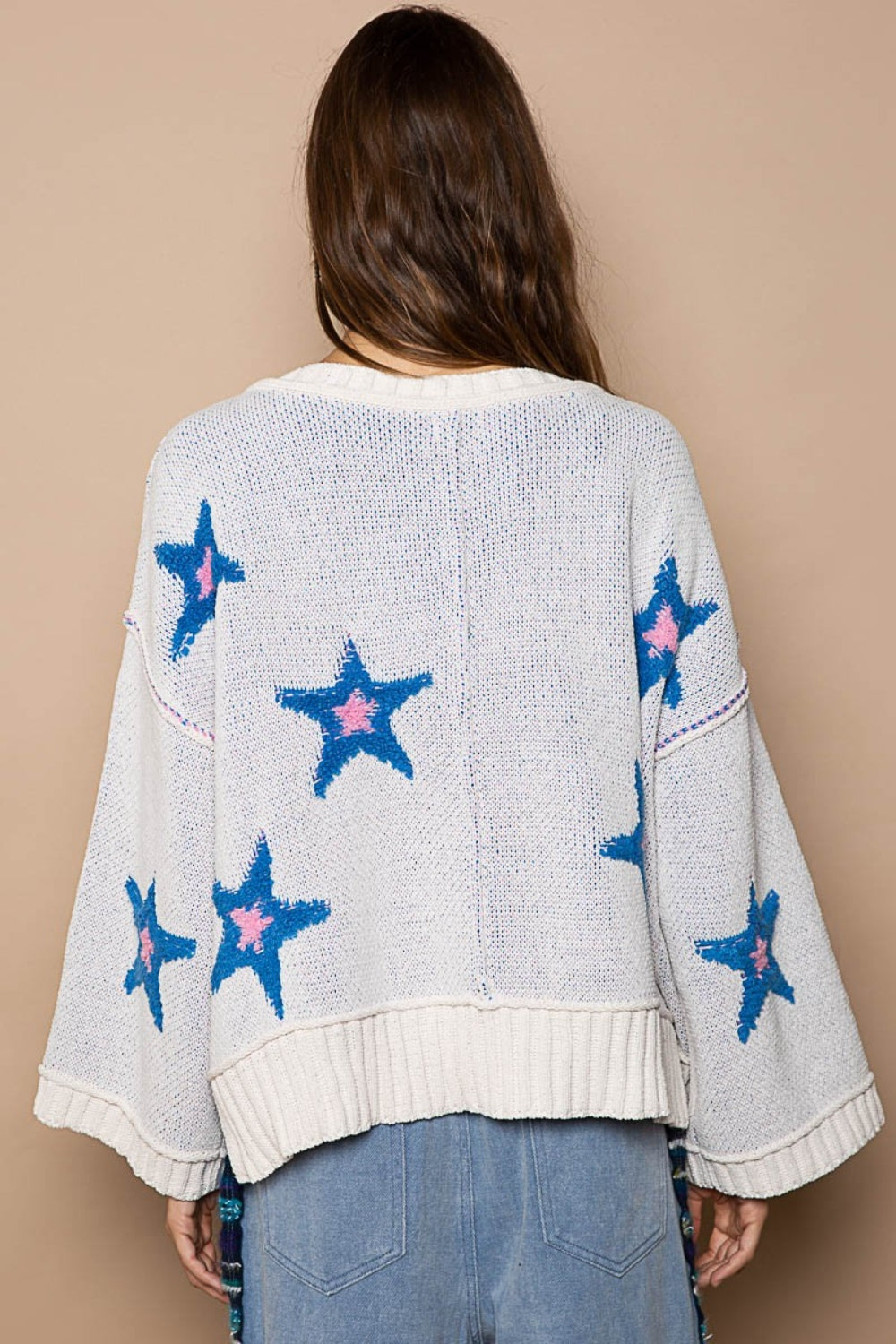 POL White Long Sleeve Star Patch Sweater Trendsi