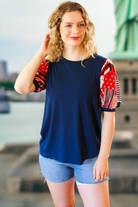 Haptics Holiday Stand-Out Navy Patriotic Patchwork Puff Sleeve Top Haptics