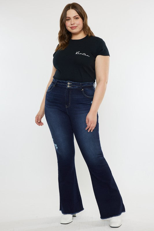 KanCan Plus High Rise Double WB Fray Hem Flare Jeans DARK Kan Can USA