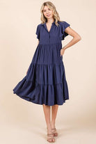 Mittoshop Dark Navy Ruffle Sleeve Collared V Neck Tiered Midi Dress Dark Navy