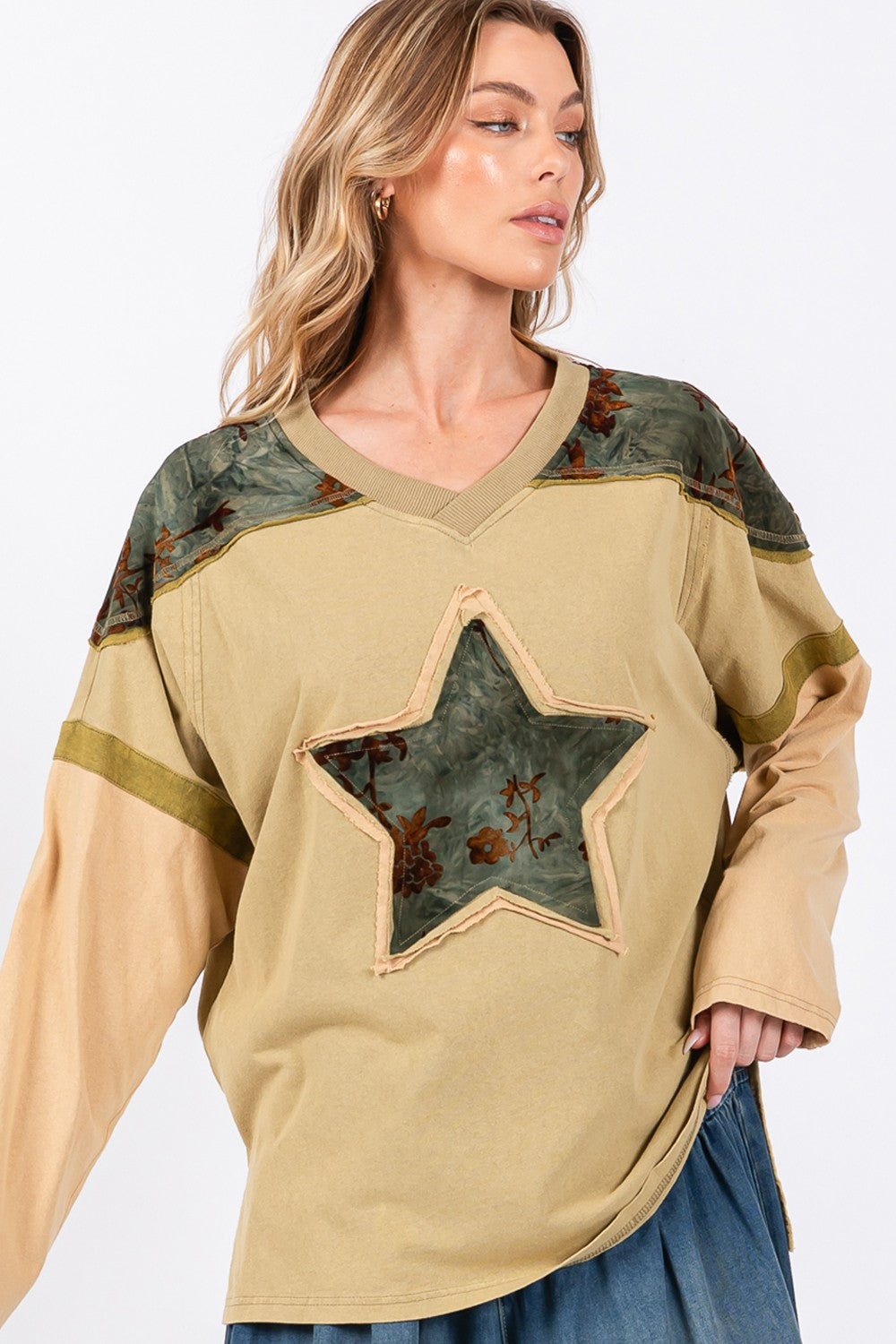 SAGE + FIG Olive Mineral Washed Star Patch Cotton Slub Color Block Oversized Tee Trendsi