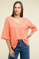 Zenana Brushed Waffle Exposed-Seam 3/4 Sleeve Top Shirts & Tops