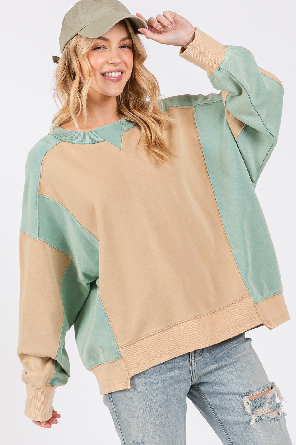 SAGE + FIG Cookie & Green Color Block Round Neck Sweatshirt Cookie Green Trendsi