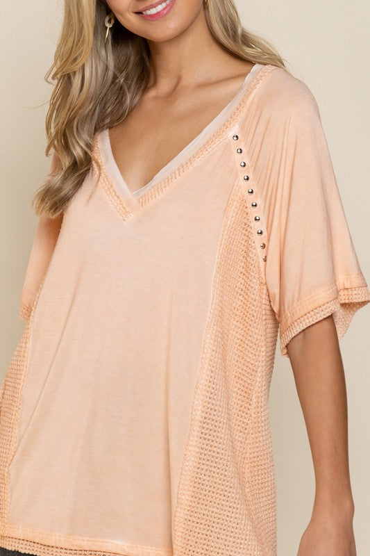 POL Studded Strappy Back Waffle Mixed Knit Top