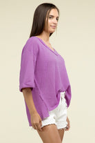 Zenana Brushed Waffle Exposed-Seam 3/4 Sleeve Top ZENANA