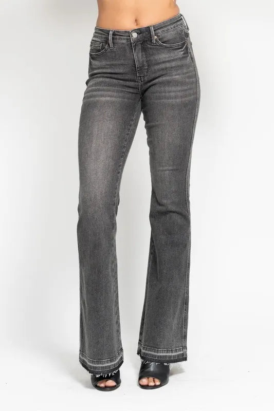 Judy Blue Gray Midi Rise Tummy Control Washed Gray Release Hem Flare Jeans GRY