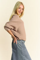 Davi & Dani Tan Round Neck Batwing Sleeve Sweater