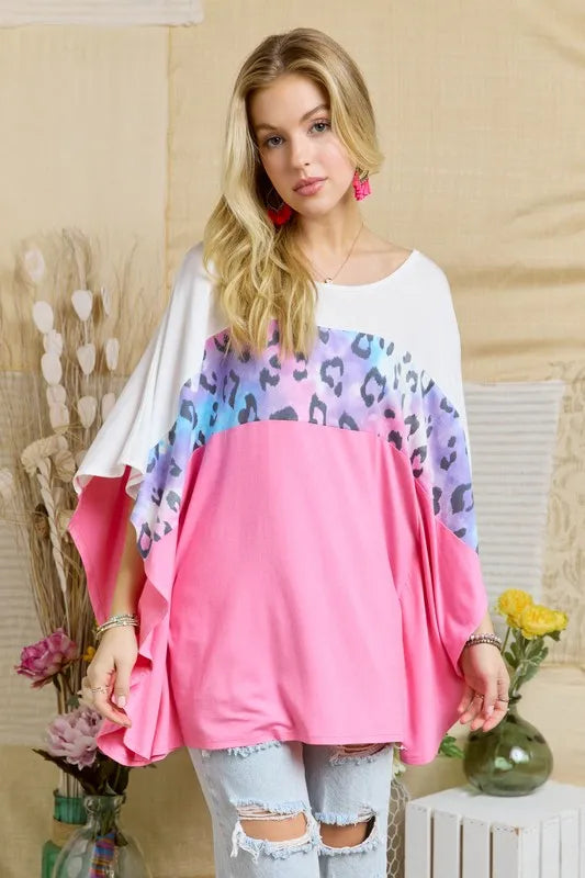 ADORA Candy Pink Colorblock Poncho Style Tunic Top