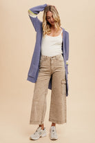 Annie Wear Washed Camel Raw Hem Wide Leg Jeans with Cargo Pockets