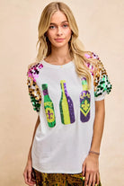 BiBi Sequin Mardi Gras Bottles Spangled Sleeve Top OFF WHITE