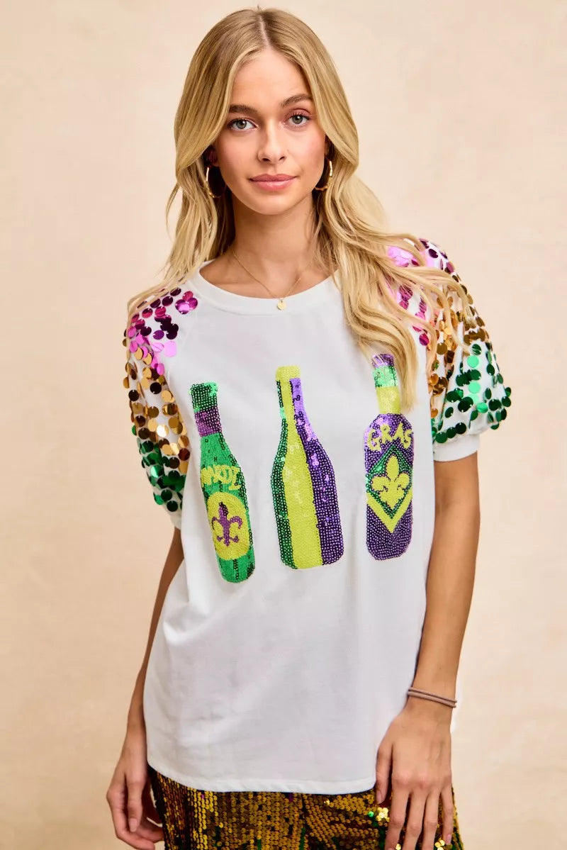 BiBi Sequin Mardi Gras Bottles Spangled Sleeve Top OFF WHITE