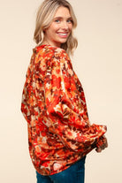 Haptics Rust Floral Print Notched Neck Smocked Satin Top Haptics