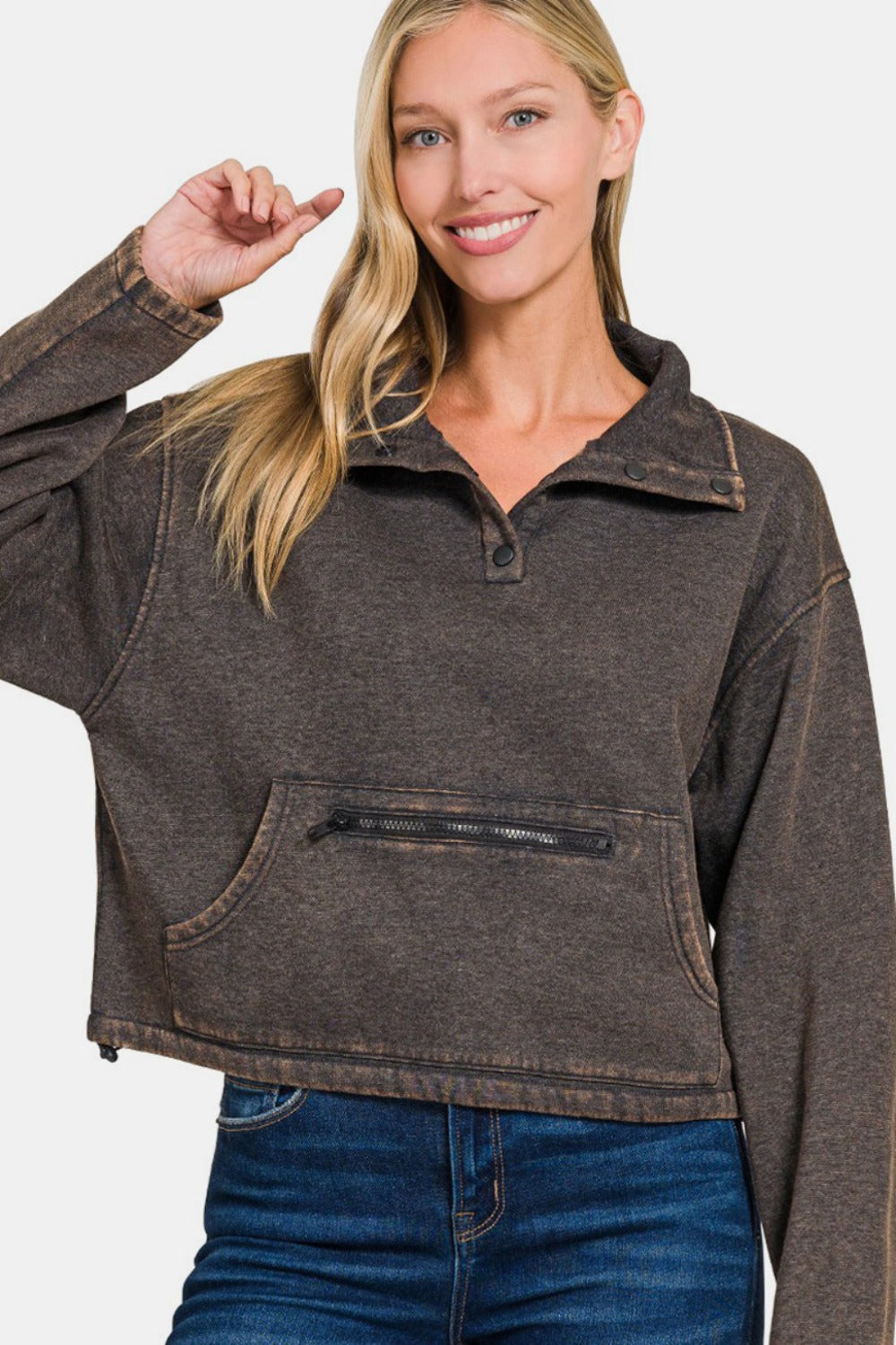 Zenana Ash Black Acid Wash Fleece Half Snap Sweatshirt with Pocket