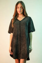 VERY J Black Mineral Washed Ribbed Knit Mini Dress