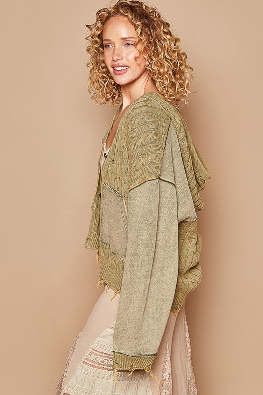 POL Olive Distressed Hem Button Up Hooded Cardigan Shirts & Tops