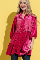 And The Why Magenta Fringe Detailed Velvet Shirt Dress Magenta Trendsi