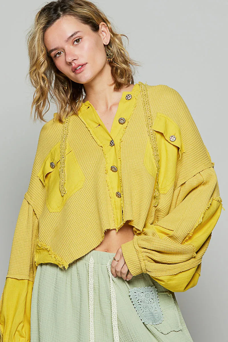 POL Yellow Raw Hem Cropped Hooded Jacket