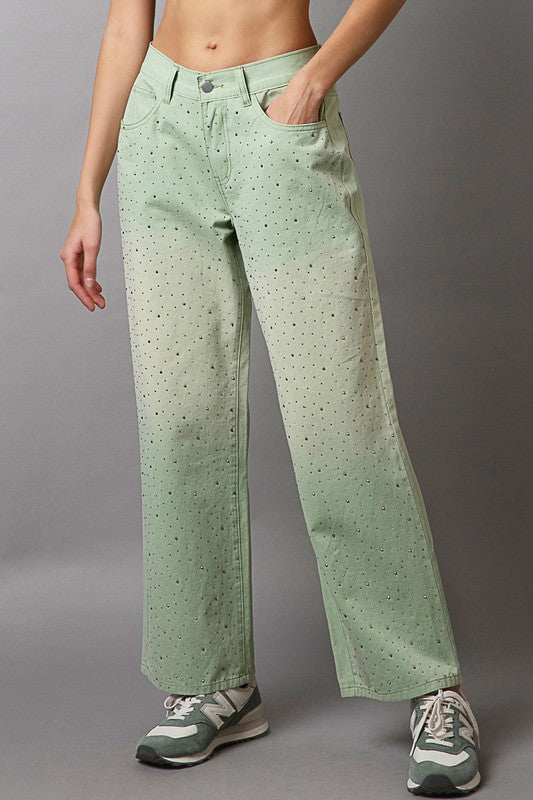 POL Light Green Front Embellishments Gradient Wide Leg Twill Pants Light Green Jeans