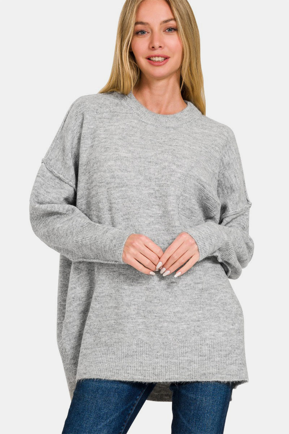 Zenana Grey High-Low Hem Drop Shoulder Sweater Grey Trendsi