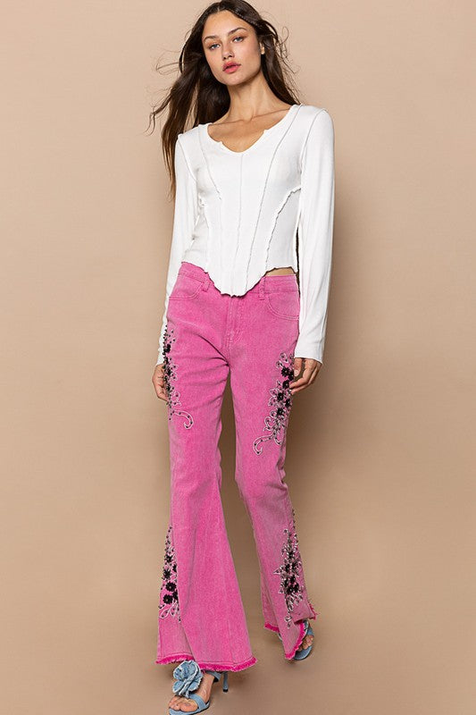 POL Hot Pink Raw Hem Contrast Embroidered Stretchable Twill Flare Pants Jeans