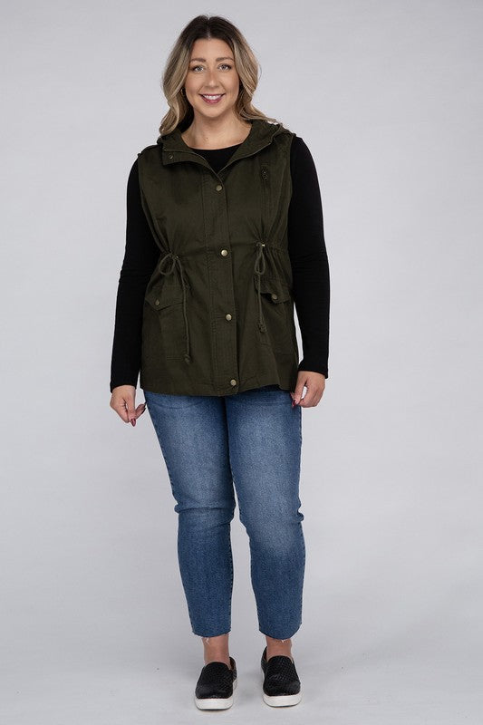 Zenana Plus Drawstring Waist Military Hoodie Vest ZENANA