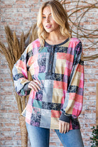 Heimish Acid Wash Long Puff Sleeve Multi Color Paid Print Top OLIVE MULTI Bogo Free