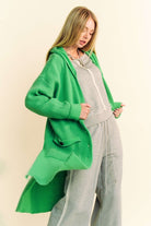 Davi & Dani Green Side Slit Button Up Hooded Cardigan Trendsi