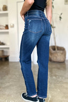 Judy Blue Dark Washed High Waist Rigid Magic Heavy Destroyef Straight Jeans Trendsi