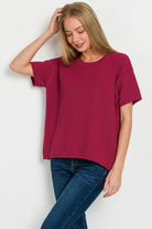 Zenana Cabernet Viscose Round-neck Short Sleeve Sweater