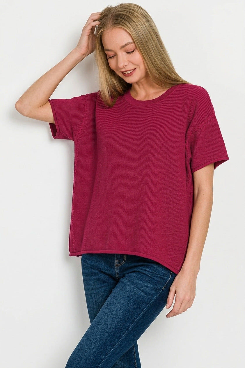 Zenana Cabernet Viscose Round-neck Short Sleeve Sweater