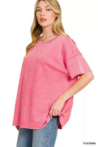 Zenana Fuchsia Acid Wash French Terry Drop Shoulder Raw Edge Top
