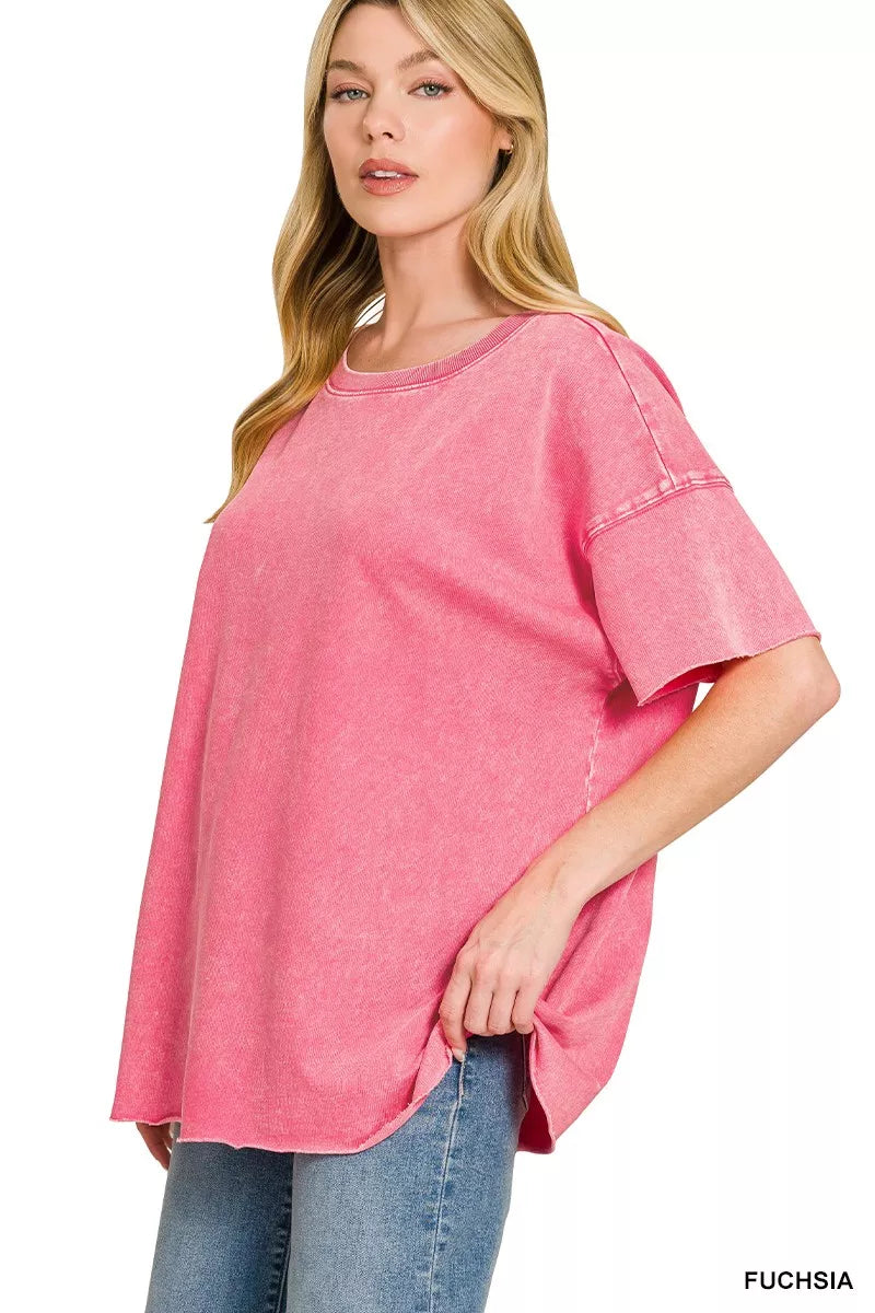 Zenana Fuchsia Acid Wash French Terry Drop Shoulder Raw Edge Top