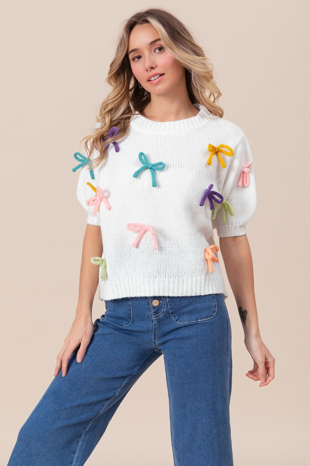 BiBi Ivory Bow Detail Puff Sleeve Sweater Trendsi