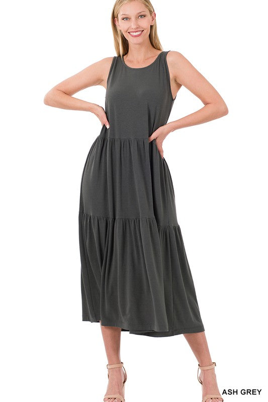 Zenana Sleeveless Tiered Midi Dress ASH GREY ZENANA