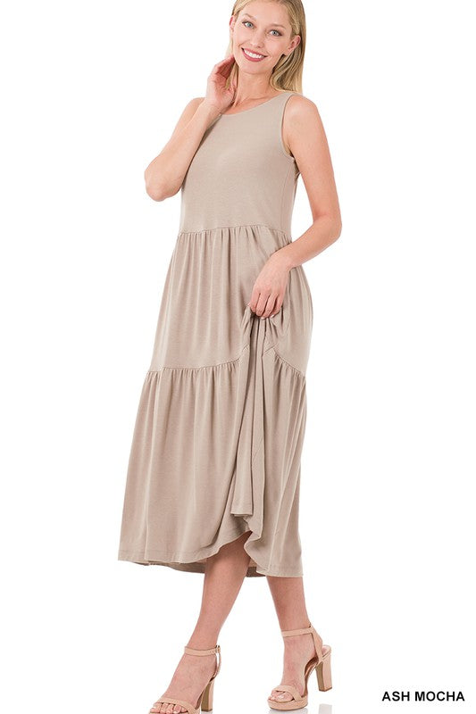 Zenana Sleeveless Tiered Midi Dress ASH MOCHA ZENANA