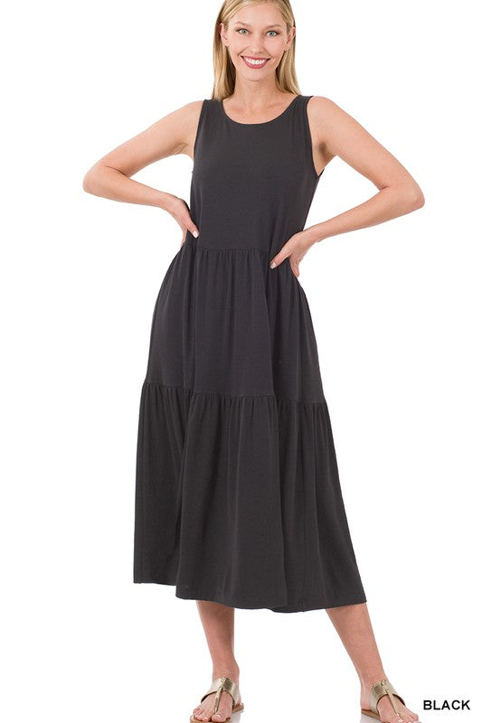 Zenana Sleeveless Tiered Midi Dress BLACK ZENANA