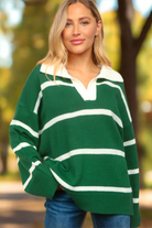 Haptics Fall For You Hunter Green Stripe Notched Neck Collared Oversized Sweater Haptics