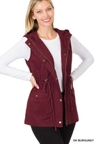 Zenana Drawstring Waist Military Hoodie Vest DK BURGUNDY ZENANA