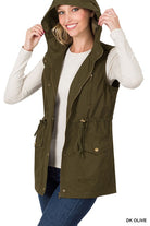 Zenana Drawstring Waist Military Hoodie Vest DK OLIVE ZENANA