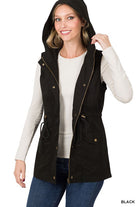 Zenana Drawstring Waist Military Hoodie Vest BLACK ZENANA