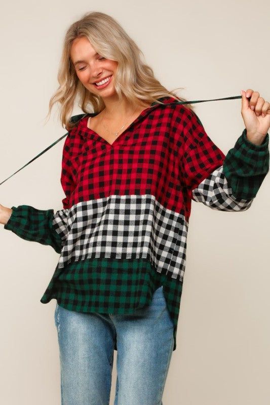 Haptics Color Block Plaid Woven Top with Hoodie