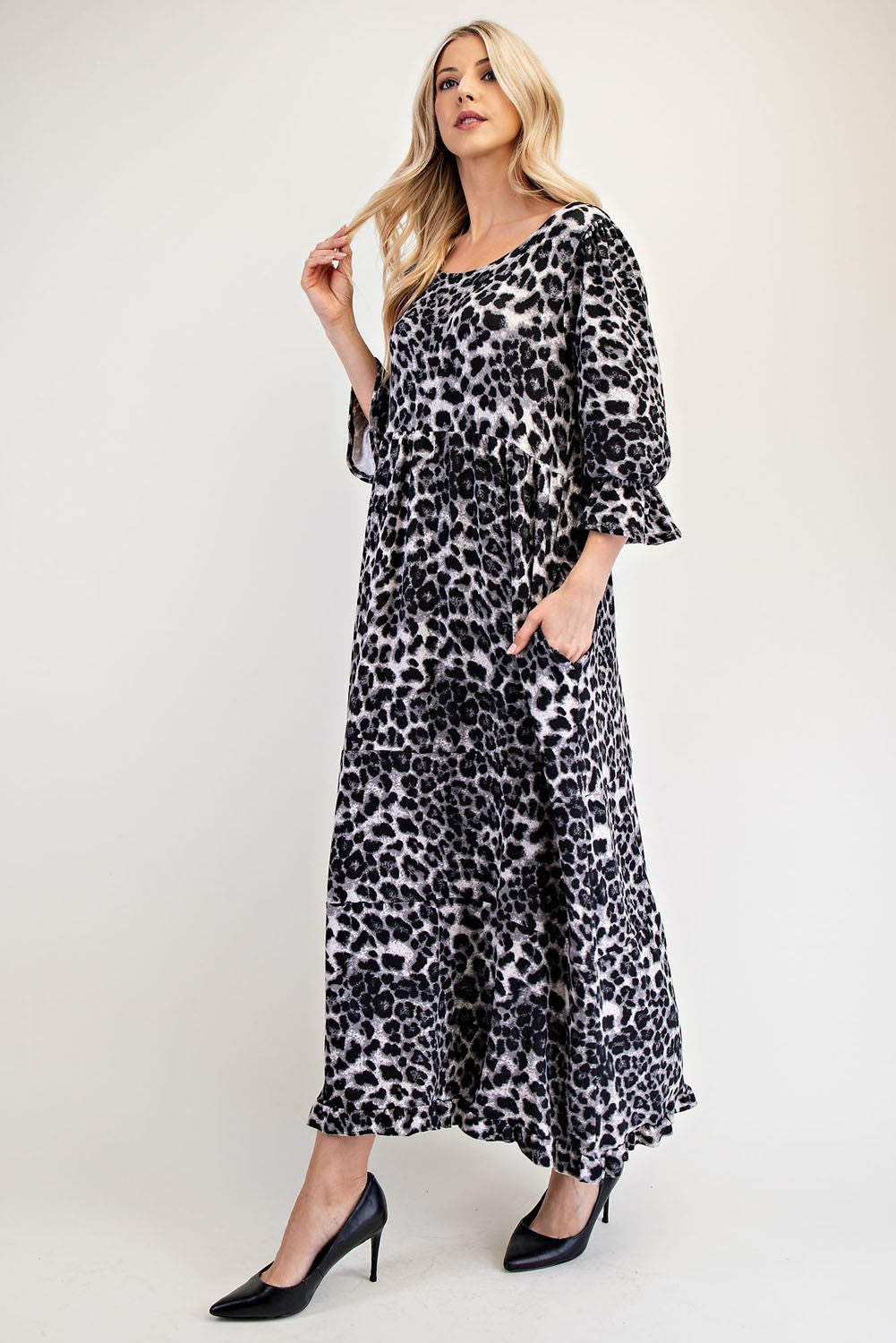 Celeste Gray Leopard Print Round Neck Flounce Sleeve Dress Dresses